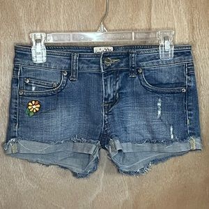 Mudd denim short shorts with retro embroidery distressed hem manufactured tears